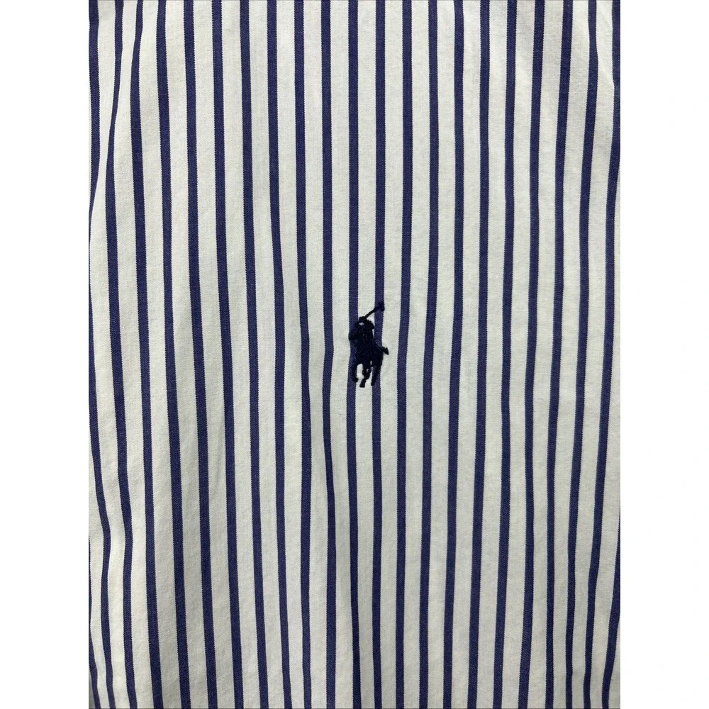 Ralph‎ Lauren Vtg Dress Shirt Mens 17.5 XXL Blue Striped Blue Pony 100% Yarmouth